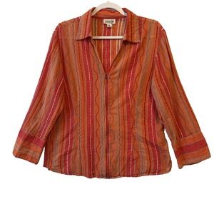 Coldwater Creek Embroidered Colorful Stripe Zip Blouse Size XL Boho Resort Beach